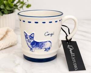 Dwell Studio Corgi Dog Mug 16 Oz Blue White Ceramic Coffee Cup New w Tag